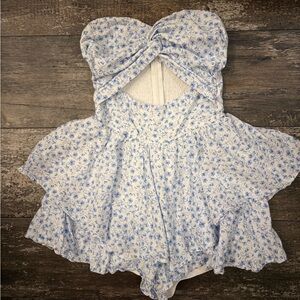ALTAR’D STATE Floral Blue and White Bow Romper